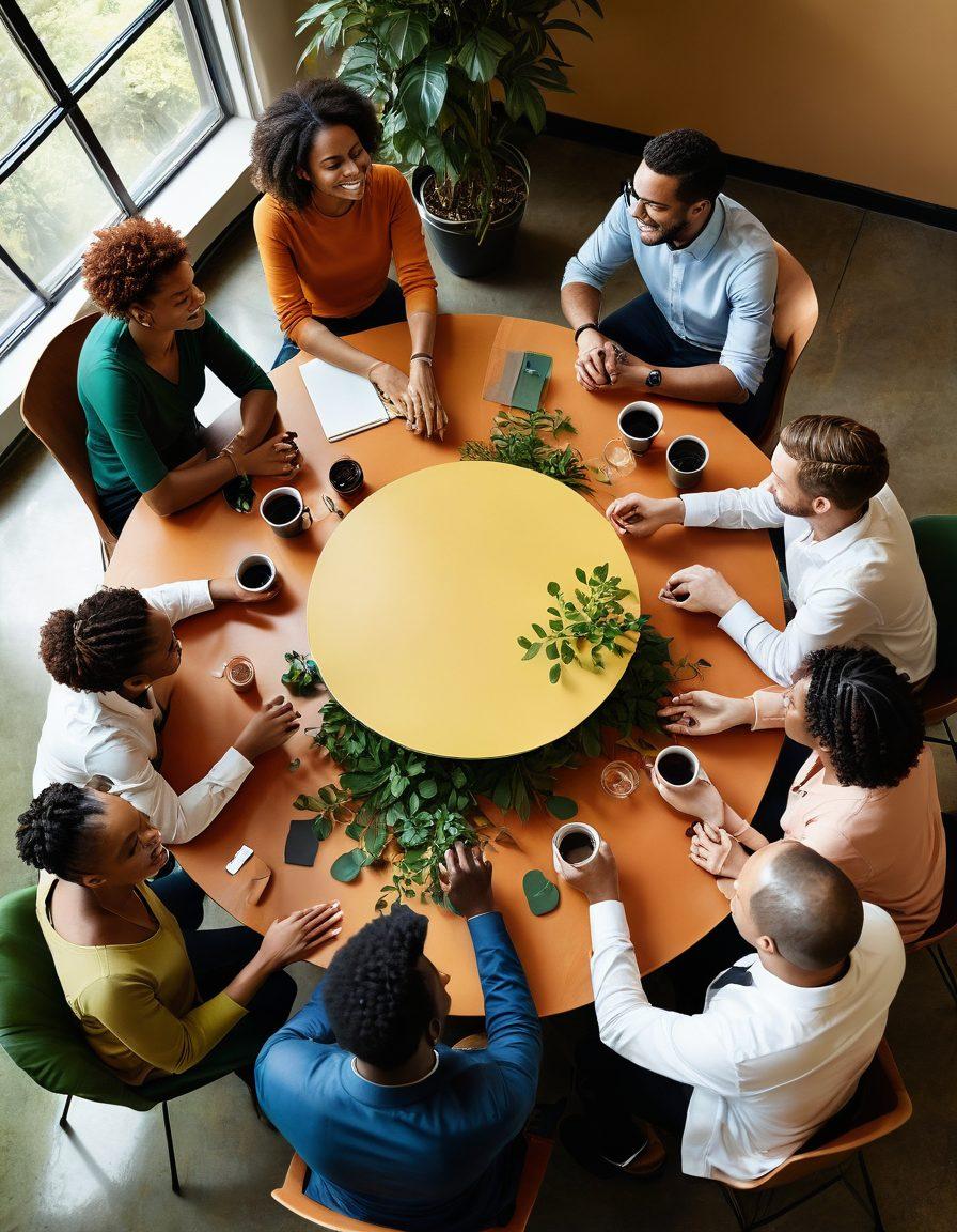 A warm, inviting scene depicting a diverse group of people engaging in a lively discussion around a circular table, with thought bubbles showcasing ideas and collaboration. Soft lighting and plants in the background symbolize growth and vibrant connections. Emphasize expressions of enthusiasm and empathy on their faces. super-realistic. vibrant colors. warm tones.