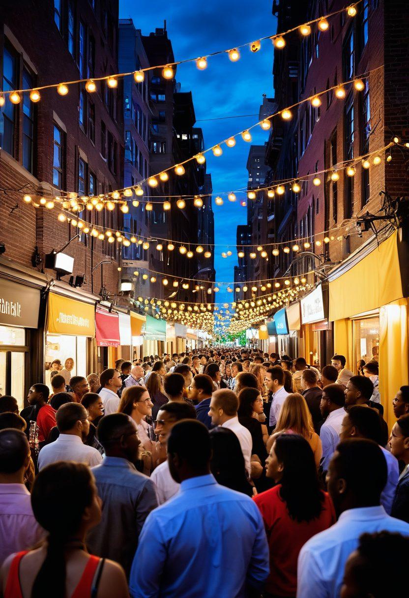 A lively urban scene showcasing a diverse group of people engaging in upbeat conversations at a modern networking event, colorful banners in the background, a warm evening glow illuminating the surroundings. Illustrate the energy and connection with joyful expressions and gestures. super-realistic. vibrant colors. dynamic composition.
