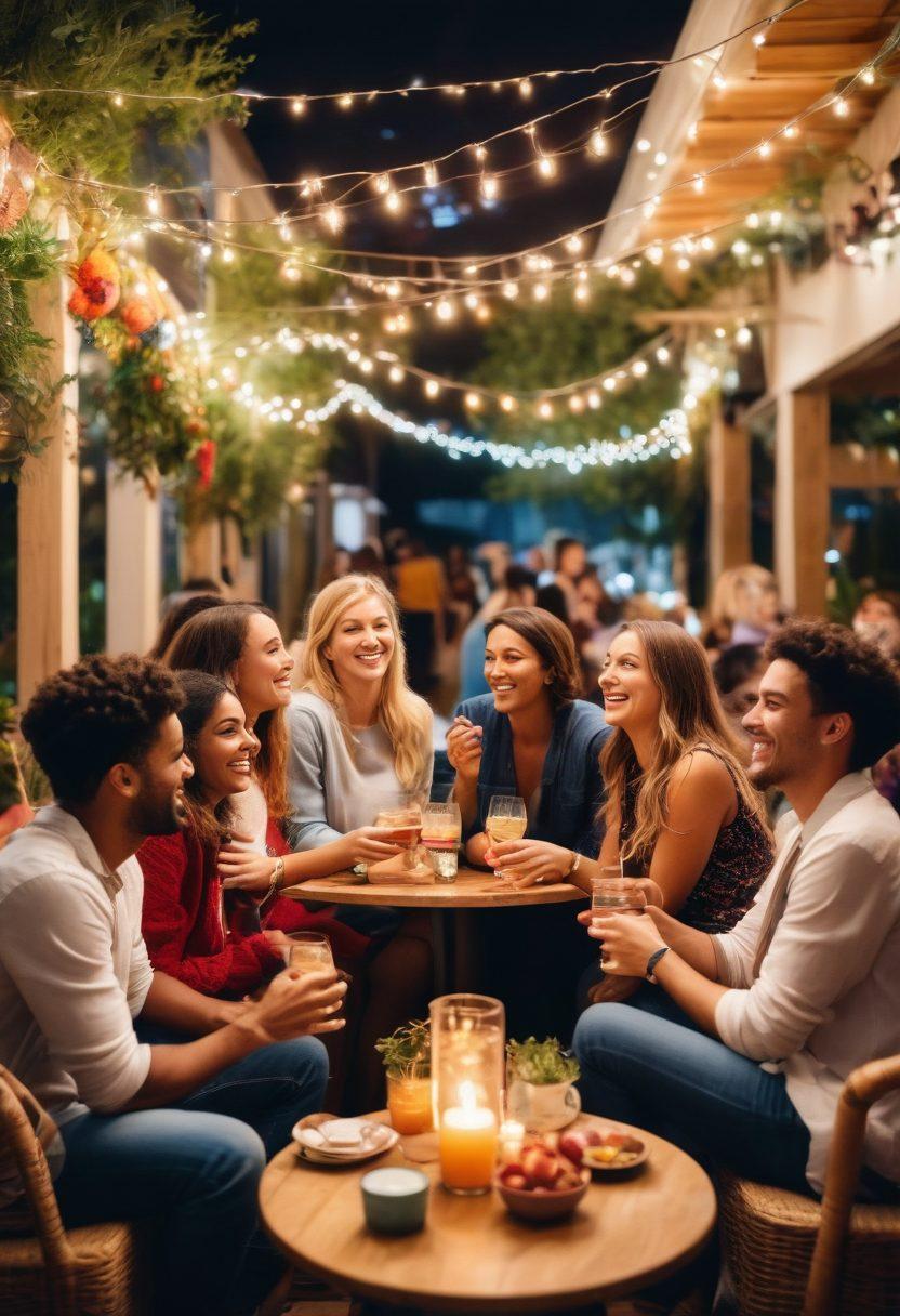 A lively social gathering featuring diverse people, engaged in warm conversations and laughter. Include cozy seating areas, colorful decorations, and subtle lighting to create an inviting atmosphere. Showcase a mix of casual and formal attire, capturing the essence of connections being formed. Add in elements like drinks and snack platters to enhance the social vibe. vibrant colors. super-realistic.